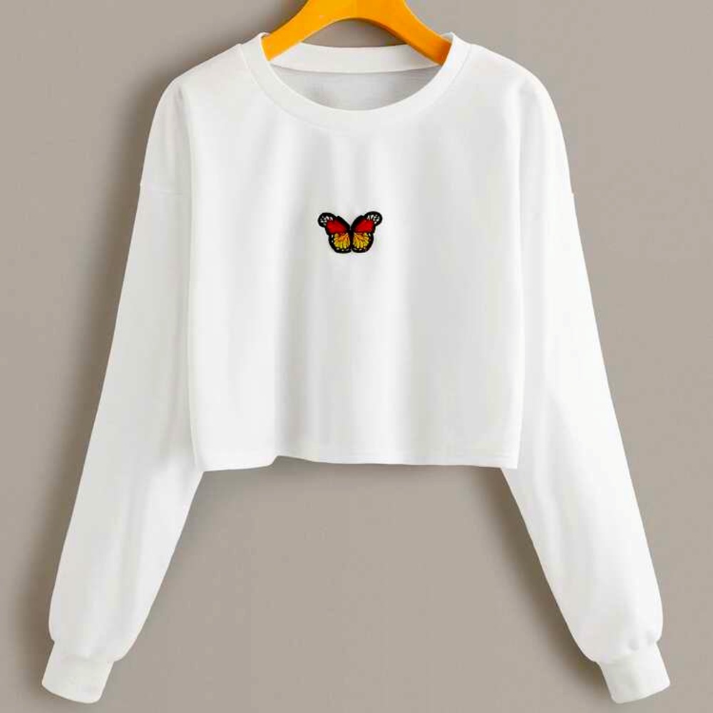 Embroidered Butterfly Cropped Crewneck